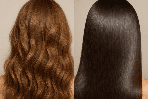 Split image: one side with hydrated, fluffy hair (leave-in conditioner), other side with sleek, protected hair (heat spray).