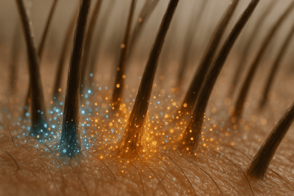 Macro of a woman\u2019s scalp with active biotin, keratin, and peptide elements energizing each hair follicle.