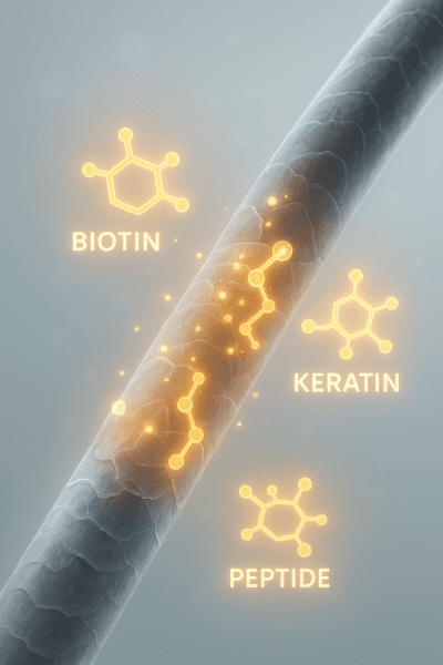 Detailed 3D illustration of biotin, keratin, and peptides repairing a magnified woman\u2019s hair strand.