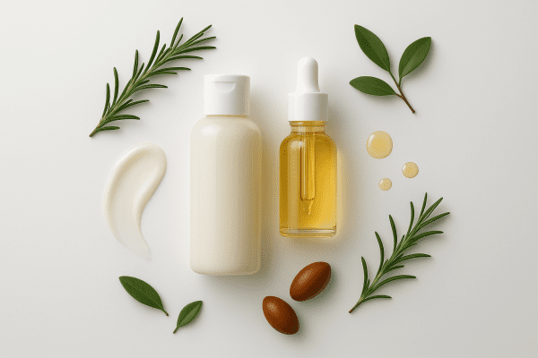 Flat lay of luxury conditioner and serum with rosemary, argan, and botanical drops on white.