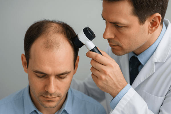Doctor using a dermatoscope to examine patient\u2019s scalp for pattern hair loss.