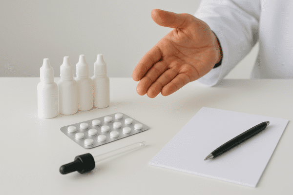 Neatly arranged hair loss medications and dropper, with a doctor\u2019s hand and prescription pad.