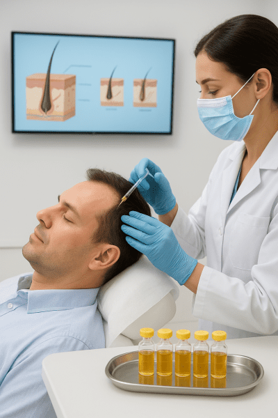 Clinician performing PRP injection with golden vials and a hair transplant infographic in the background.