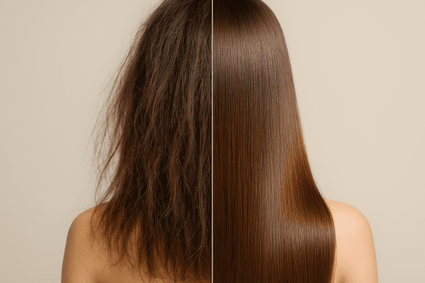 Split before-and-after image showing dramatic improvement in hair texture and shine after deep conditioning.