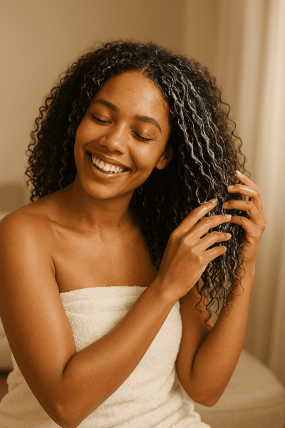 A smiling woman applies a hair mask to her defined, hydrated curls in a cozy, softly lit setting.