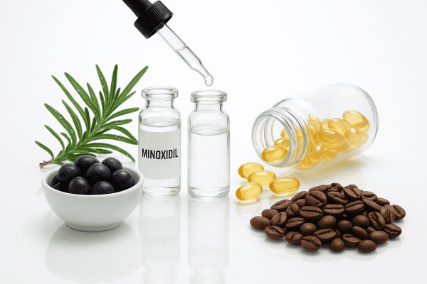 Modern, organized display of fresh hair regrowth ingredients on a reflective white surface.