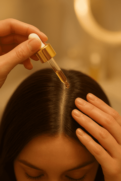 Macro overhead of a person applying serum with a dropper and massaging it into the scalp.