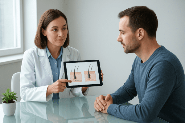 Dermatologist and patient at a glass desk discussing hair regrowth safety with a digital tablet.