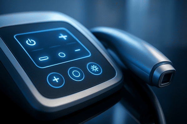 Macro of a laser device s illuminated control panel and handpiece on a black glass surface.