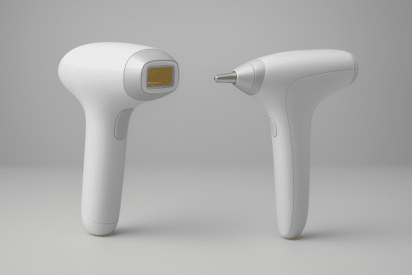 IPL and laser hair removal devices side by side on a seamless grey table, showing design differences.