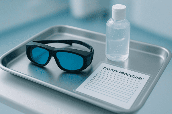 Sterile tray with laser safety goggles, cooling gel, and a safety checklist in a procedure room.
