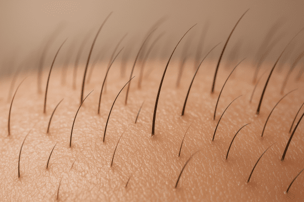 Macro photo of hydrated, clean scalp showing hair follicles in various growth and shedding stages.