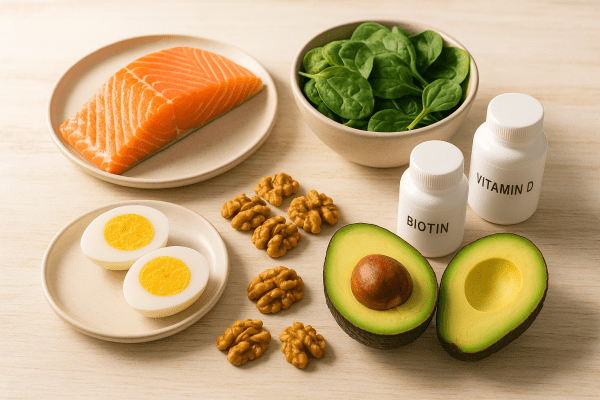 Fresh salmon, eggs, spinach, walnuts, avocado, and generic supplement bottles on a pale wood board.
