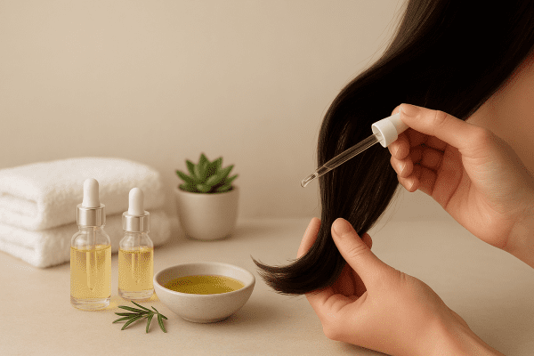 Minimalist vanity with glass serum bottles, bowl of oil, brush, and hand applying serum to healthy hair.