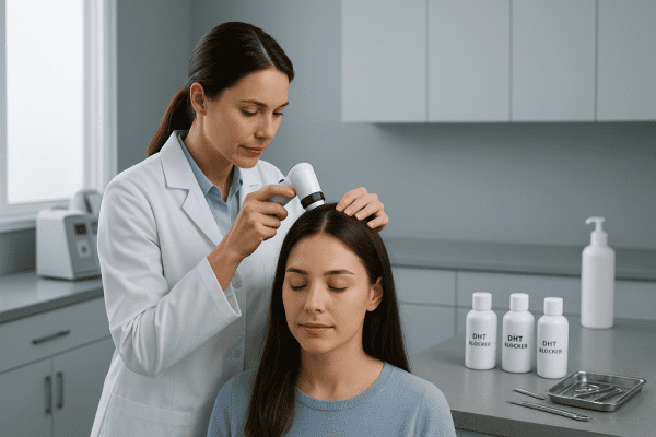 Dermatologist examines patient scalp with digital device, DHT blocker bottles and tools on a modern counter.