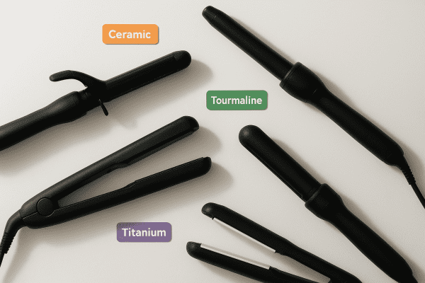 Flat lay of various hair stylers with different barrel and plate types on a clean white vanity.