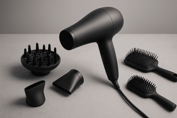 Hair dryer with multiple attachments arranged in a semi-circle on a stone vanity.