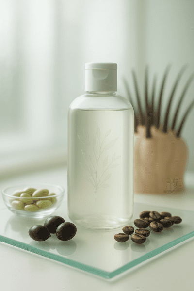Modern bathroom shelf with a translucent shampoo bottle, surrounded by natural ingredients and a healthy scalp model in the background.