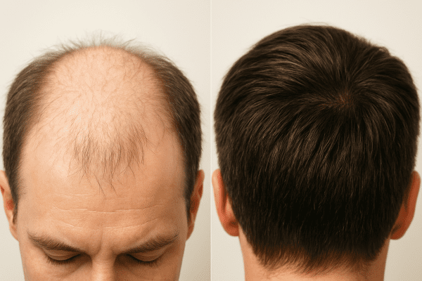 Split image of crown: left with visibly thinning hair, right with denser, healthier hair.
