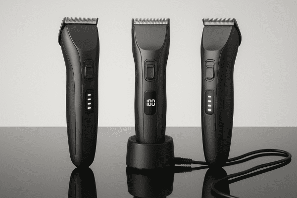 Cordless hair trimmers with digital battery indicators, charging dock, and neat cord on a black glass counter.