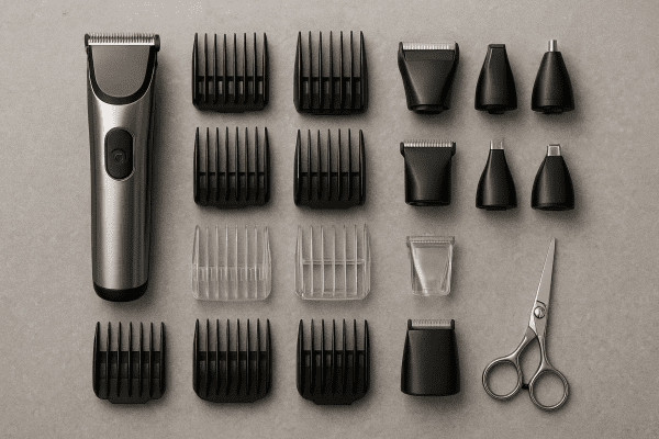Flat-lay with trimmer attachments, combs, precision heads, and scissors on a stone-textured grid.