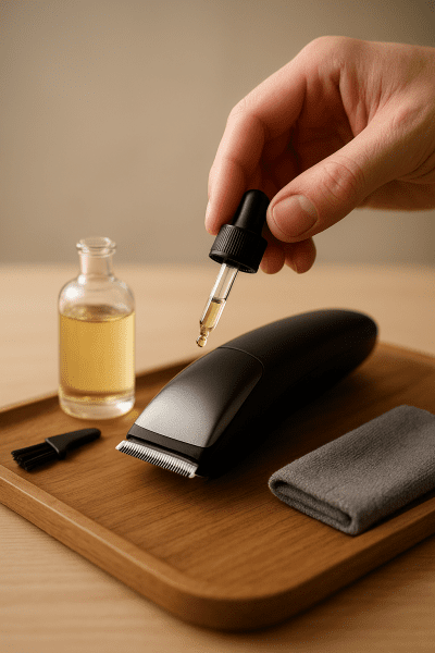 Close-up of trimmer maintenance kit, oiling blade by hand, all on a walnut tray.