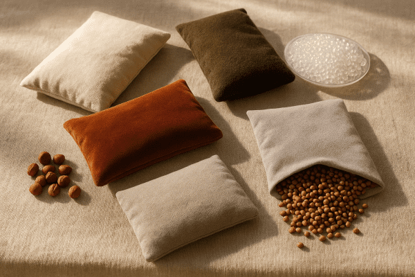 Assorted heat packs with different fillings and fabrics on a linen table.