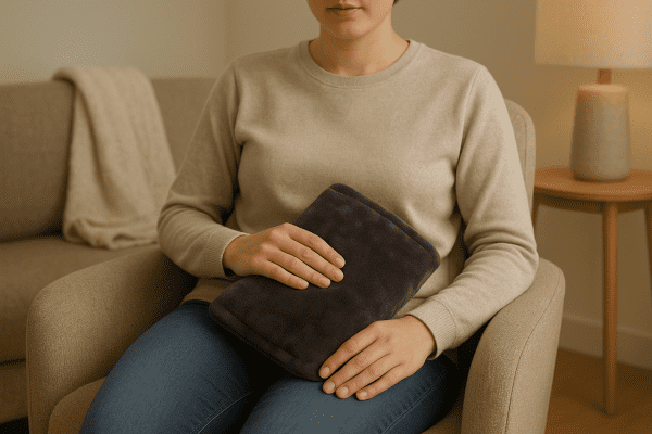 A person comfortably applies a weighted heat pack to their thigh in a living room.