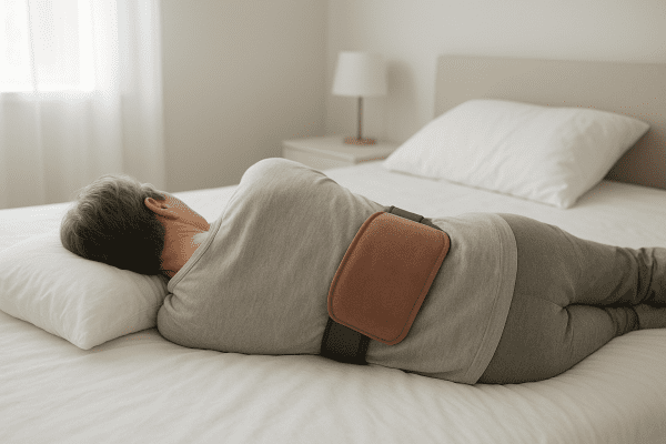 A person lies on their side with a heat pack securely strapped to their lower back.