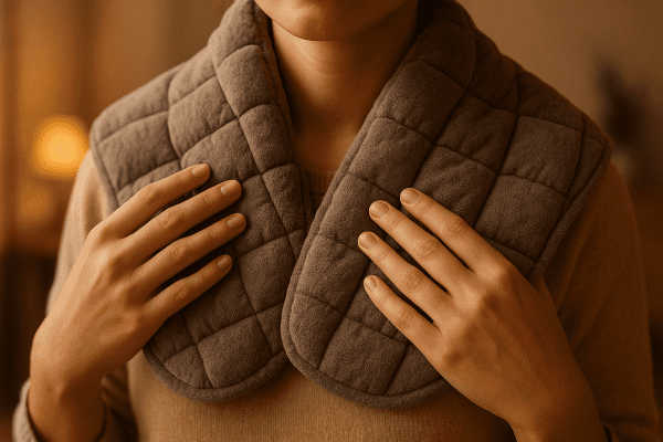 A quilted, weighted heat wrap draped around a person's neck and shoulders.