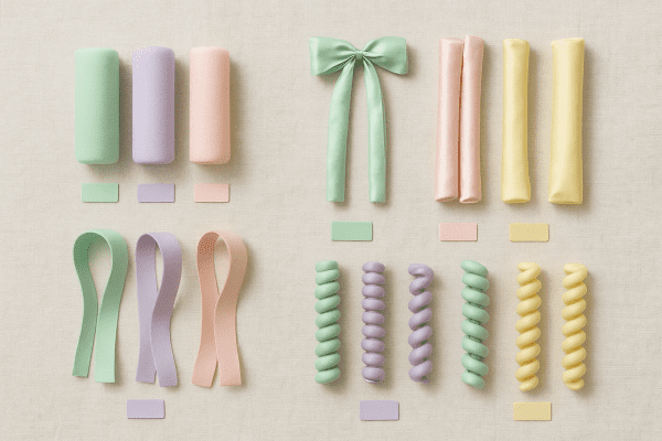A flat lay of foam, satin, ribbon, and silicone spiral heatless hair rollers on linen fabric in pastel colors.