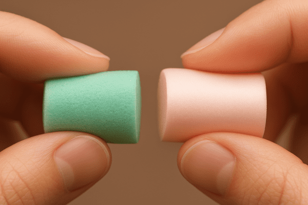 Detailed macro of foam and satin hair rollers in mint and pink, gently compressed by fingertips.