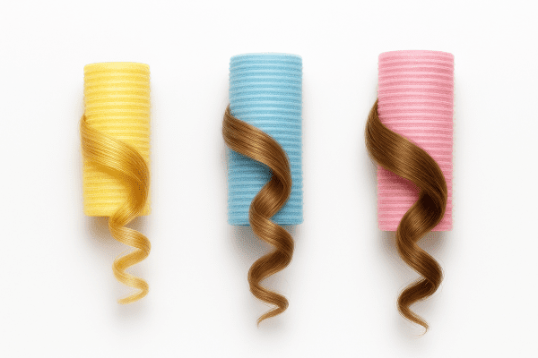 Pastel yellow, blue, and pink heatless rollers with hair locks, showing tight to loose curls on white acrylic.