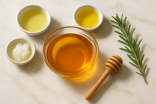 Golden honey in a glass bowl surrounded by dishes of argan, jojoba, and coconut oils, with rosemary and a honey dipper on a marble countertop.