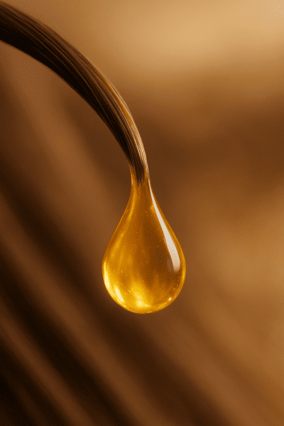 Close-up of a glossy golden oil drop hanging from a healthy hair strand, with a soft-focus background suggesting scalp and hair health.