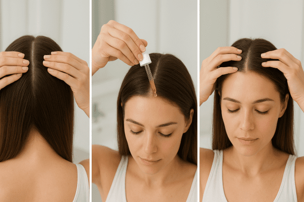 Hands using a glass dropper to apply honey-infused oil to parted hair and scalp in a bright, minimal bathroom.