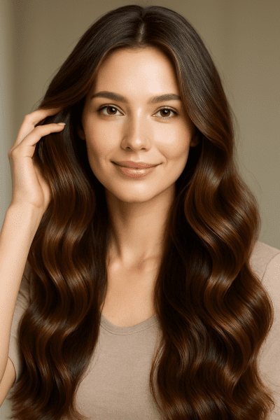 Woman with sleek, shiny, frizz-free hair smiling and running her fingers through her hair, against a soft, neutral background.