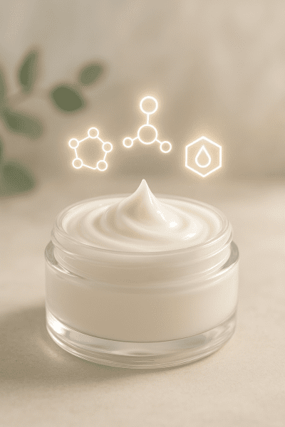 Open glass jar of hydrating face cream with molecular ingredient icons floating above, on a serene spa-inspired surface.