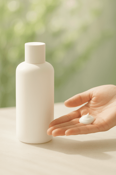 Matte bottle of fragrance-free lotion beside an open palm with lotion, in a softly sunlit, green-accented setting.