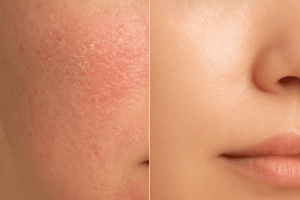 Split macro of cheek before and after moisturizer: dry and inflamed on left, smooth and hydrated on right.