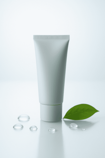 Oil-free moisturizer tube on glass with clear drops and a green leaf, in a fresh, cool-toned setting.