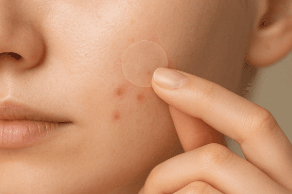 Macro image of a hydrocolloid patch blending into healthy, lightly blemished skin, applied to a cheek in a clinical setting.