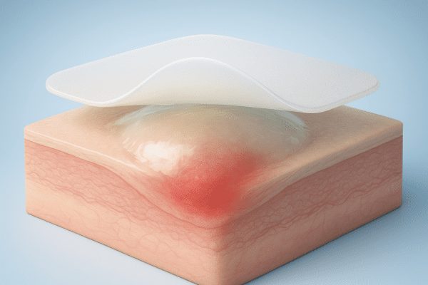 3D cutaway rendering of a hydrocolloid patch on skin, showing gel formation and fluid absorption.