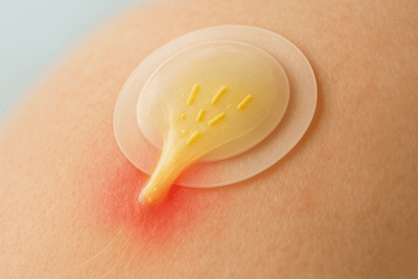 Conceptual close-up of a hydrocolloid patch extracting pus and bacteria from an inflamed acne lesion, with visual cues for fluid movement.