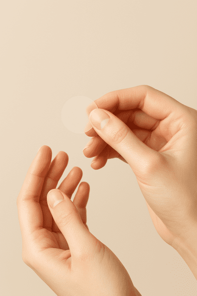Clean hands with short nails gently holding a hydrocolloid patch in a hygienic, beige setting.