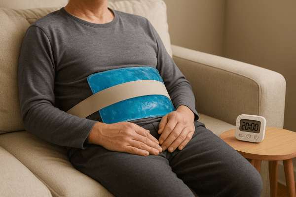 A person reclines with a gel ice pack securely strapped to their lower back, timer on a side table.