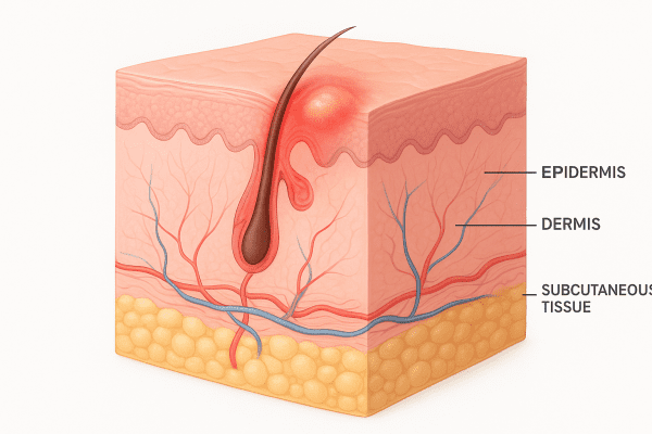 Detailed cross-section of skin with a coiled ingrown hair, early redness, swelling, and a small pustule.