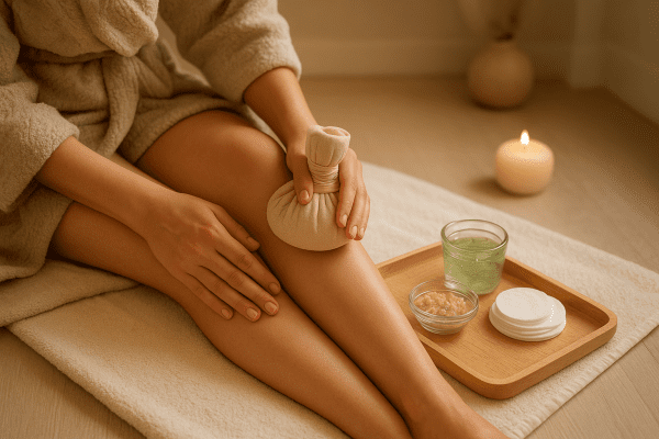A person applies a warm compress to their lower leg in a cozy home spa with gentle skincare products close by.