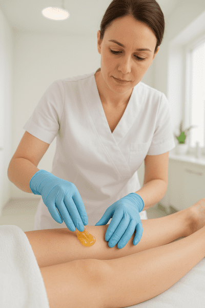 A professional gently performs sugaring on a client's sensitive leg in a clean dermatology clinic.