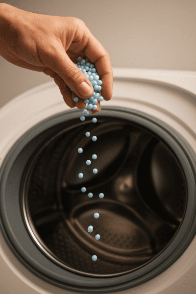 Hand dropping scent beads into the open drum of a modern washer, beads frozen in mid-air above the drum.